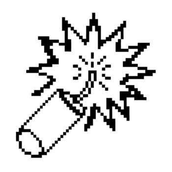 Pixel art explosion with dynamite fuse retro black and white icon represents danger, warning, hazardous or explosive action vector
