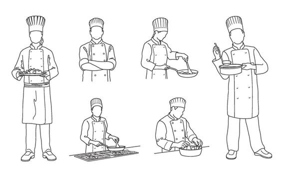 Chefs In Various Cooking Poses line Drawing Set Isolated On A White Background. vector
