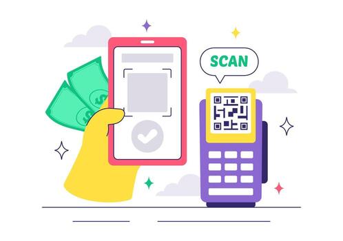 Digital Wallet Mobile Payment Illustration Using QR Code and Debit Credit Cards vector
