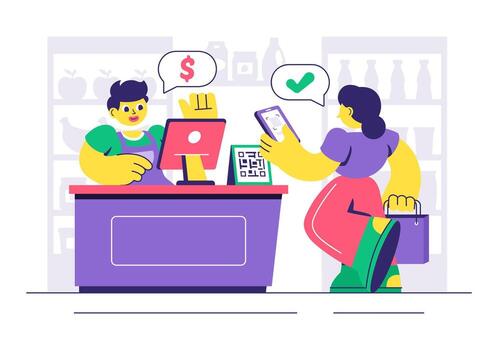 Mobile Banking and Payment Illustration with Smartphone QR Code and Wallet App vector