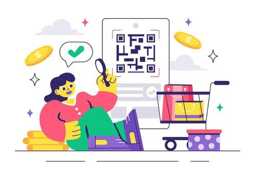 Mobile Payment Illustration Featuring E-Wallet App, QR Code, and Online Transactions vector