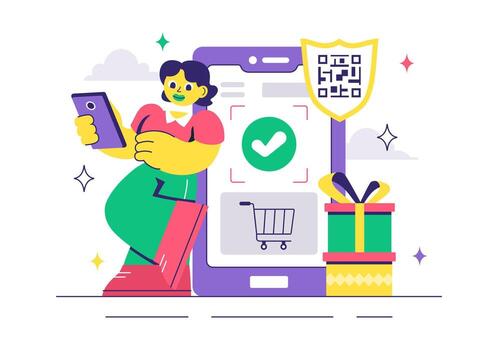 Illustration of Online Mobile Payment with Smartphone Wallet and QR Code Scanning vector