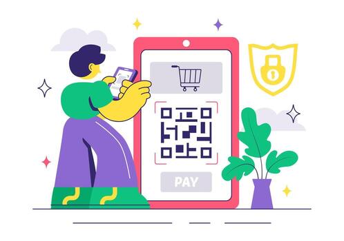 teléfono inteligente móvil pago ilustración presentando qr código y crédito tarjeta actas vector