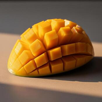 A diced mango half hedgehog cut displayed face-up on a neutral matte surface. Warm side lighting highlights the cube patterns, glossy pulp, and vibrant golden color. Clean, minimal shadows with soft photo