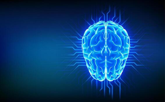 Bright blue brain with circuitry vector