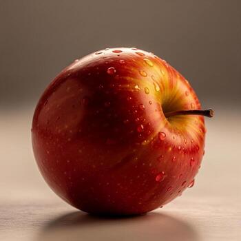 Realistic apple on soft surface, off-center, crimson and golden tones, dew drops, soft backlight, shallow depth of field, blurred background, 8K photoreal studio lighting. photo