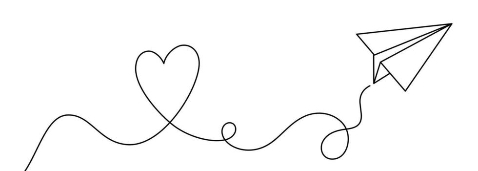 One line drawing of paper airplane with heart path. Minimalist continuous line art symbolizing love, travel, freedom, romance, dreams, long distance relationship, journey of emotions and connection. vector