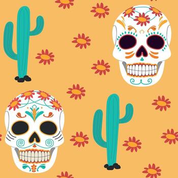 Dia de Muertos Seamless Pattern with Skull and Cactus on Yellow Background vector