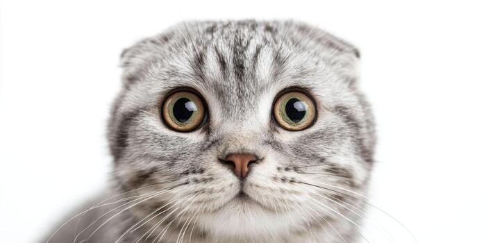 A Scottish Fold cat with a shocked expression, against a white background. photo