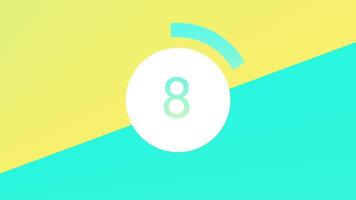 tio sekunder nedräkning från 10 till 0 på en gul och turkos bakgrund. animerad timer med tal och en cirkulär framsteg bar. modern platt 2d grafisk illustration. video