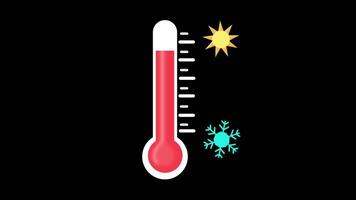 2d animering av en termometer med de temperatur stigande och faller. Sol och snöflinga ikoner representera varm och kall väder. sömlös slinga på en svart bakgrund, symboliserar klimat eller mått. video