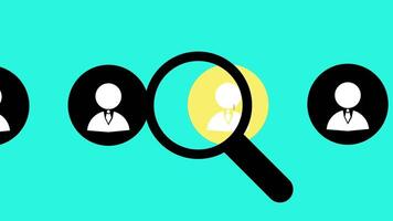 minimalistisk 2d animering av en förstorande glas läser in över person ikoner. ett kandidat är markerad i gul, symboliserar rekrytering, jobb Sök, eller hr begrepp. video