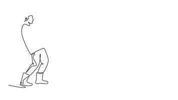 Animated self drawing of continuous line draw male fisherman in action, representing the intense struggle, patience, and concentration required to landing a large fish. Full length one line animation video