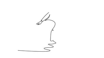 animerad själv teckning av kontinuerlig linje dra passa kvinna är fångad från Bakom frisättande en bowling boll. symboliserar de slät rörelse och fokuserade verkan av de sport. full längd ett linje animering video