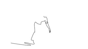 animato se stesso disegno di continuo linea disegnare Caratteristiche giovane uomo bowling atleta a metà swing, che rappresentano equilibrio e concentrazione necessario per eseguire Perfetto colpire. pieno lunghezza singolo linea animazione video