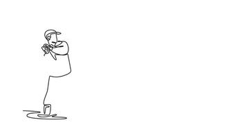 animado yo dibujo continuo línea dibujar joven masculino pescador fundición pescar vara, representando listo concentración y suave técnica necesario para Perfecto tirar. lleno longitud uno línea animación video