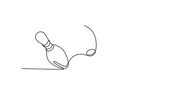 Self drawing animation of single line draw bowling ball hitting or impacts multiple pins. Hobby, sports, fitness, focusing on the explosive action of strike. Continuous line draw. Full length animated video