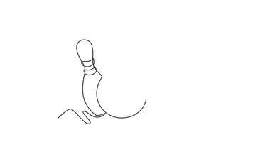 själv teckning animering av enda linje dra en bowling boll är fångad slå stift. symboliserar påverkan, kraft, och de svängbar ögonblick av konkurrenskraftig spel. kontinuerlig linje dra. full längd animerad video