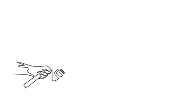 Self drawing animation of single line draw human hand is holding fishing rod with reel. Symbolizing start of new adventure, hobby, and anticipation of catch. Continuous line draw. Full length animated video