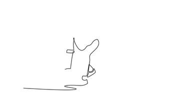 animerad själv teckning av kontinuerlig linje dra skicklig manlig kastare i låg huka bara innan frisättande bowling boll. symbolisera precision, koncentration, vätska rörelse. full längd enda linje animering video