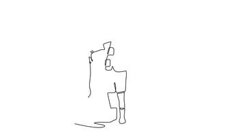 yo dibujo animación de soltero línea dibujar hombre es celebrando exitoso atrapar, participación arriba un pescado él atrapó. simbolizando victoria, premio, y alegría de un pasatiempo. continuo línea dibujar. lleno longitud animado video