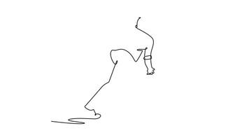 animerad själv teckning av kontinuerlig linje dra tillbaka se av manlig kastare frisättande bowling boll i arena. symboliserar de slät rörelse och fokuserade verkan av de sport. full längd enda linje animering video