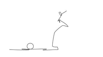 Animated self drawing of continuous line draw male bowling player in follow-through pose after releasing ball. Symbolizing fluid motion and athletic grace of sports. Full length single line animation video