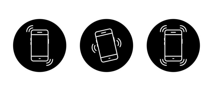 Mobile phone vibration icon set in black circle. Smartphone ringing and shake symbol. Cellphone call and notification alert concept vector