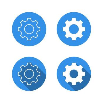 Gear settings icon with long shadow. Cogwheel symbol for system preferences and configuration vector