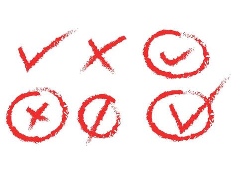 Handdrawn red checkmarks and crosses on white background showing choices vector