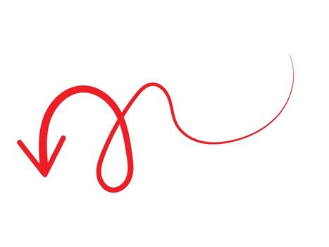 Red arrow pointing down, curving, handdrawn style, dynamic movement vector