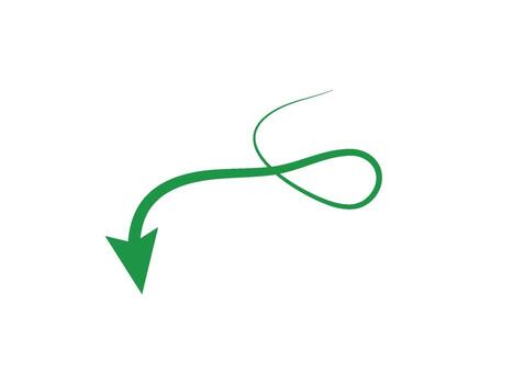 Green arrow pointing down, curving path, guidance concept vector