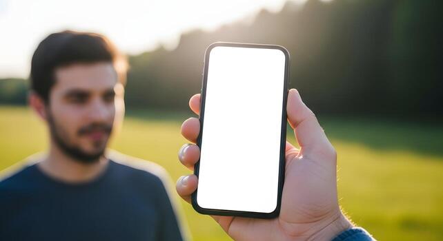 Man holds a smartphone with a blank white screen in front of a field backdrop. photo