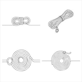 esta detallado gráfico caracteristicas cuatro elegante continuo línea ilustraciones de cuerdas, exhibiendo práctico preparativos un compacto bobina, un extendido cuerda con un mosquetón vector