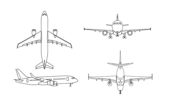 Four black outline illustrations of a modern passenger jet, showcasing its top, front, side, and rear views. Isolated on a white background, this set is ideal for technical diagrams, aviation vector