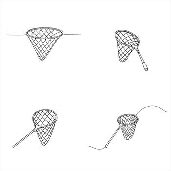 Detailed black and white line art illustrations showcasing a variety of fishing and butterfly nets, each rendered with clear outlines and simple forms, presented as isolated objects on a clean white vector