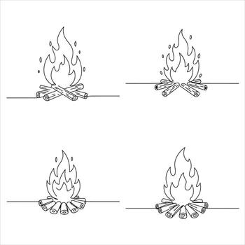 un detallado ilustración presentando un cuarteto de encantador fogatas, cada meticulosamente prestados con un soltero, intacto línea, exhibiendo ardiente registros y bailando llamas, ideal para diseños vector