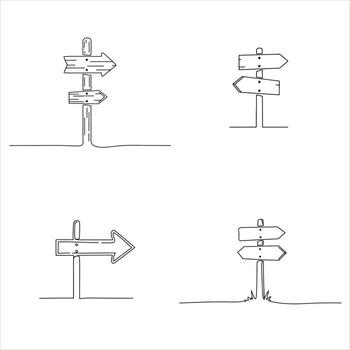 This clean, minimalist image features a set of four distinct continuous line art illustrations, each depicting a rustic wooden signpost with directional arrows, symbolizing choices, guidance vector