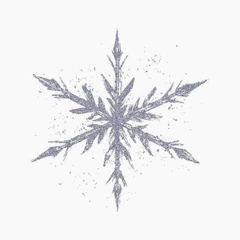 Graphic snowflake. Rough ink mark with textured noise, faded speckle and halftone grain. Aged threshold edges blend with scattered grit and light paper scratches. vector