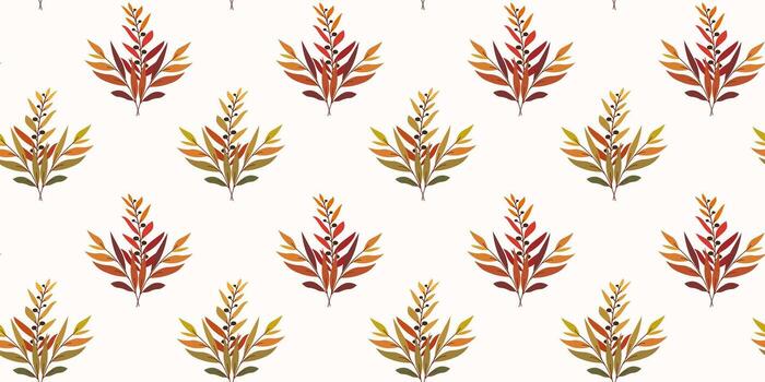 Horizontal seamless pattern with autumnal colorful twigs and berries in a bouquet. Hand drawn flat illustration. Universal design for background, fabric print, web, packaging, wallpaper. vector