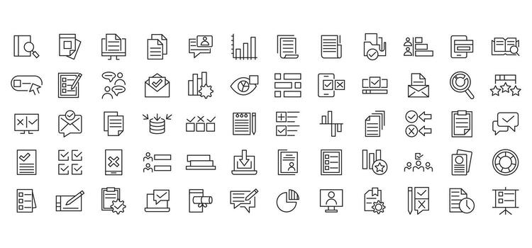 encuesta línea icono colocar. auditoría, análisis, plan, evaluación, calidad proceso, resultado, revisar, comentario, examen, documento, negocio administración datos, inspección, estadística contorno icono colocar. vector