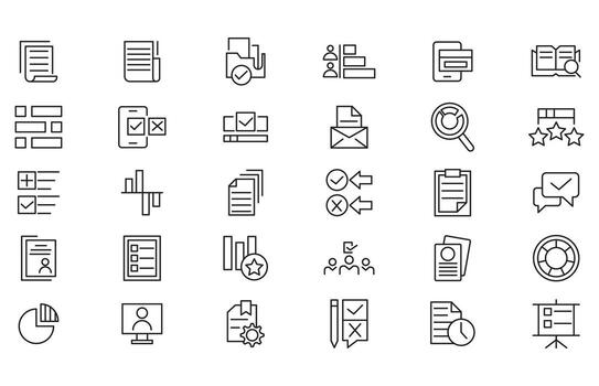 encuesta línea icono colocar. auditoría, análisis, plan, evaluación, calidad proceso, resultado, revisión, comentario, examen, documento, negocio administración datos, inspección, estadística contorno icono conjunto de paquetes vector