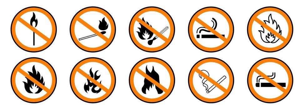 Signs open source of ignition and no smoking signs. Do not smoke or use open flames. vector