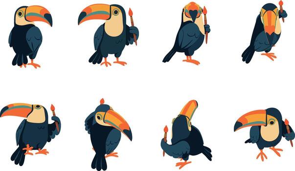 Toucan characters in multiple poses walking waving flying and perching vector