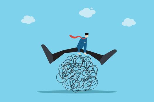 empresario saltando terminado enredado líneas. concepto de superar obstáculos, resolviendo problemas, resiliencia, negocio estrategia, y determinación para éxito en desafiante situaciones vector