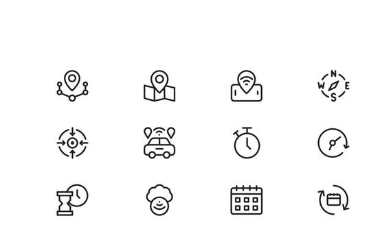 Tracking Icon Collection in Flat Minimal Outline Style, Linear Icons for GPS Location, Delivery Services, Courier, Package Tracking, Logistics and Real Time Monitoring vector