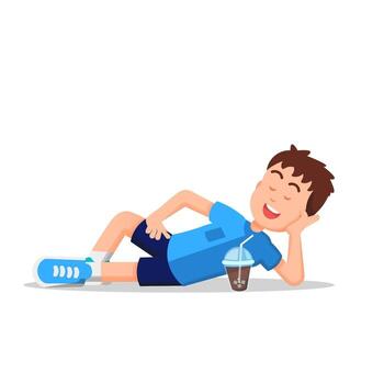 chico relajante mientras acostado en el piso y teniendo un frío bebida en frente de él vector