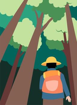 Man with hat walking in the forest vector
