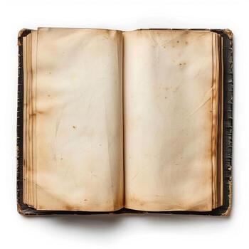 isolated an open book with visible blank pages, on white background, top view photo
