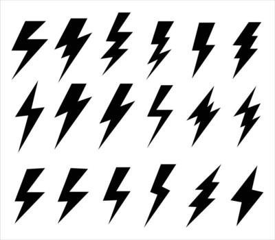 Dynamic collection of lightning bolt silhouettes for striking designs and powerful visual impact, great for logos vector